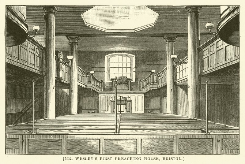 Première maison de prédication de M. Wesley, Bristol (gravure) - English School