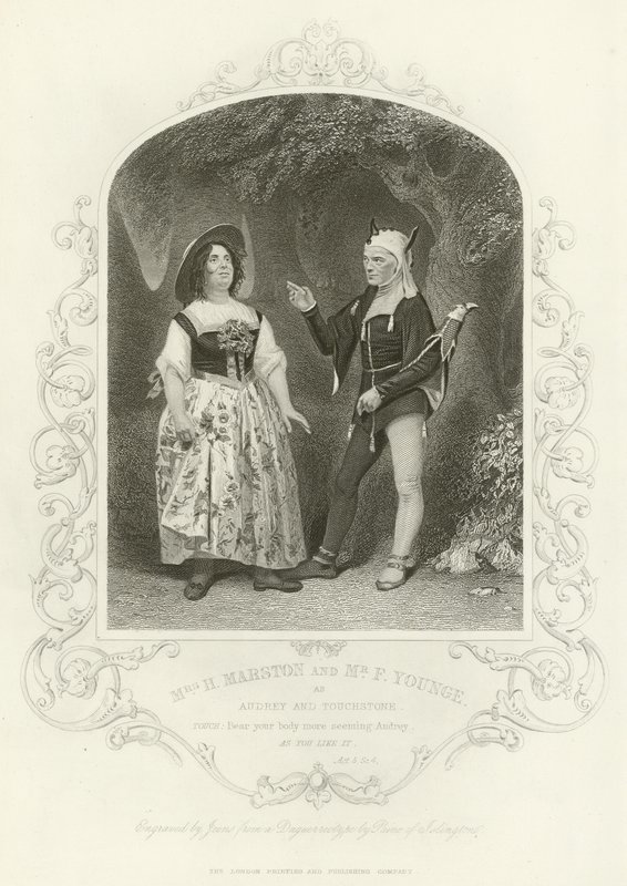 Mme H Marston et F Younge comme Audrey et Touchstone, Comme il vous plaira, Acte V, scène iv - English School