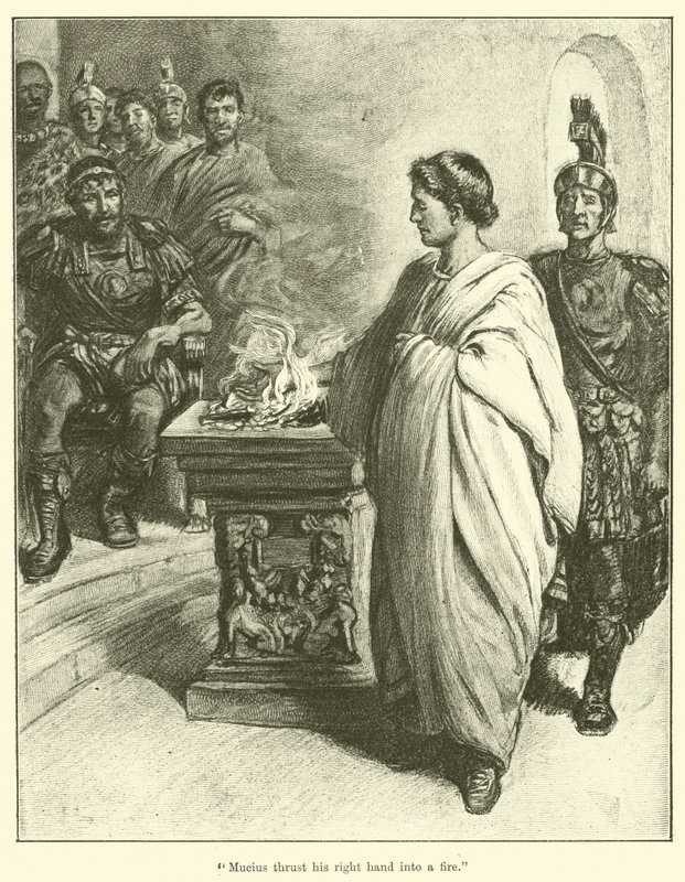"Mucius a plongé sa main droite dans le feu" (gravure) - English School