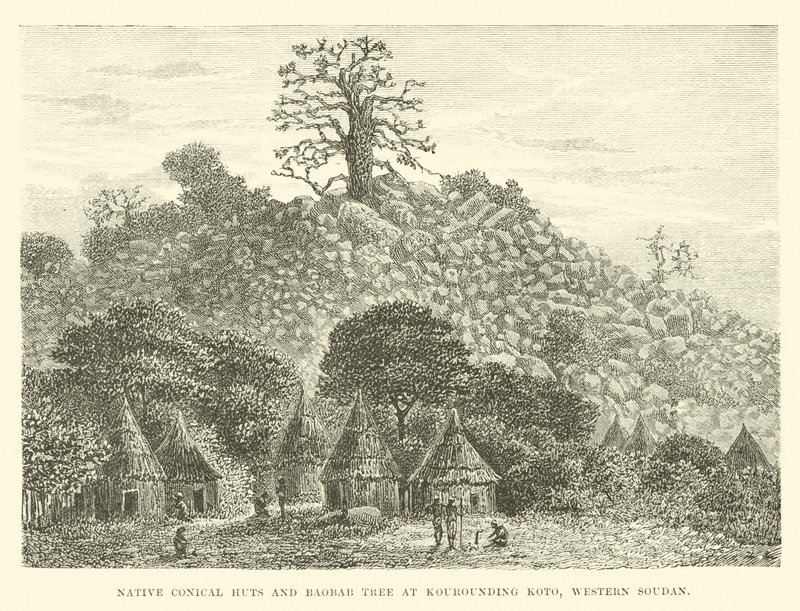 Huttes coniques indigènes et baobab à Kourounding Koto, Soudan occidental - English School