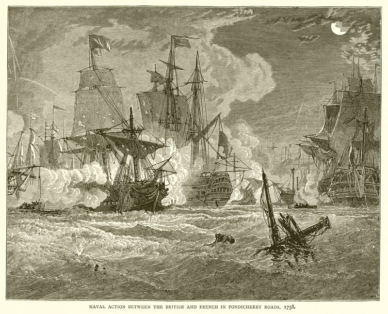 Action navale entre les Britanniques et les Français dans les routes de Pondichéry, 1758 - English School