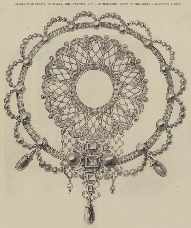 Collier de perles, émeraudes et diamants, et un cache-peigne, cadeaux de la reine et du prince Albert - English School