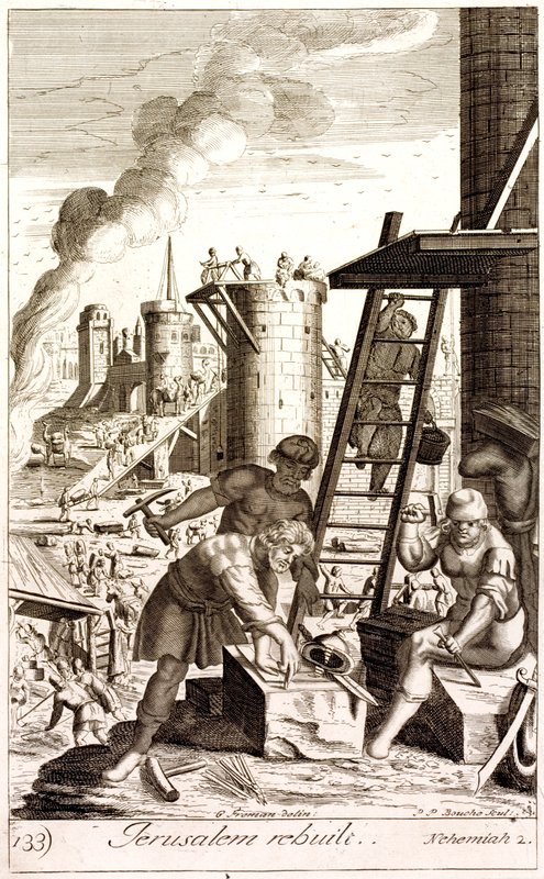 Néhémie reconstruisant les murs de Jérusalem (gravure) - English School