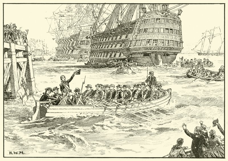 Nelson monte à bord de son navire amiral à Portsmouth - English School