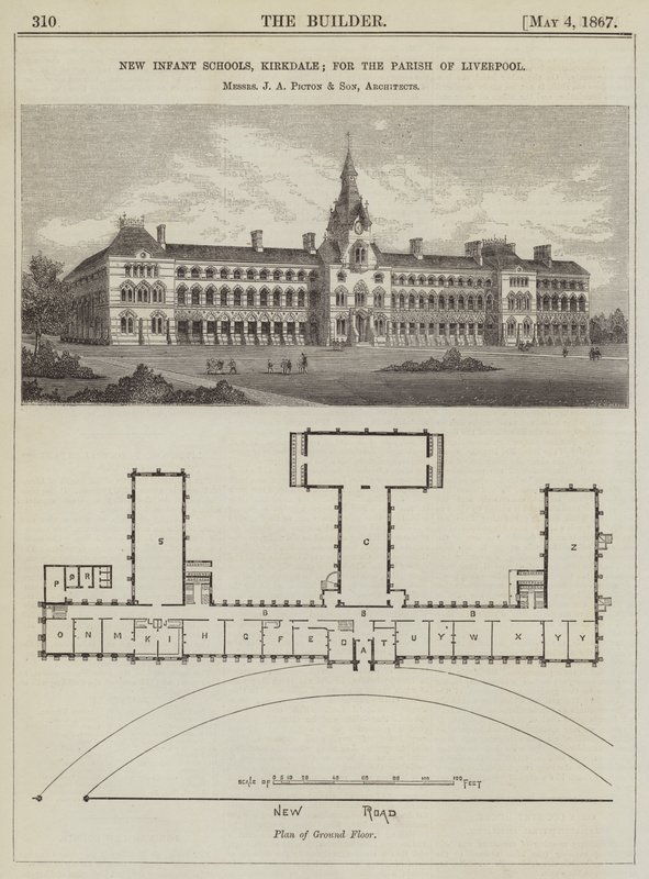 Nouvelles Écoles Maternelles, Kirkdale; pour la Paroisse de Liverpool, MM. J A Picton et Fils, Architectes (gravure) - English School