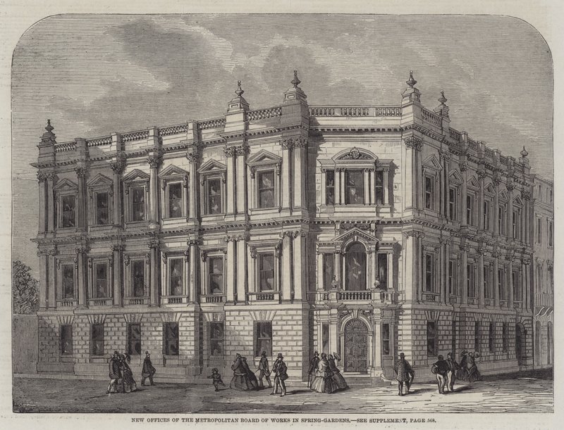 Nouveaux bureaux du Metropolitan Board of Works à Spring-Gardens (gravure) - English School