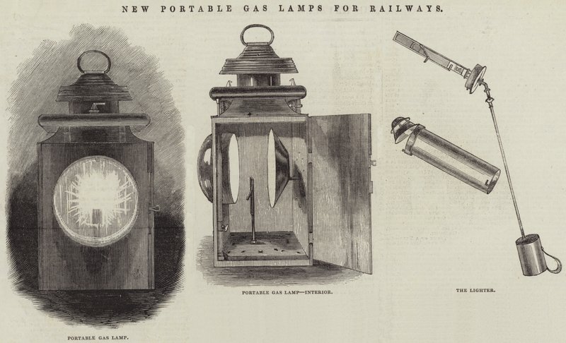 Nouvelles lampes à gaz portables pour les chemins de fer (gravure) - English School