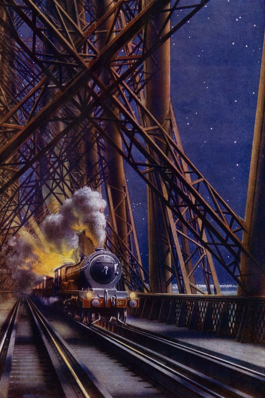 Train de nuit traversant le pont du Forth, Écosse - English School