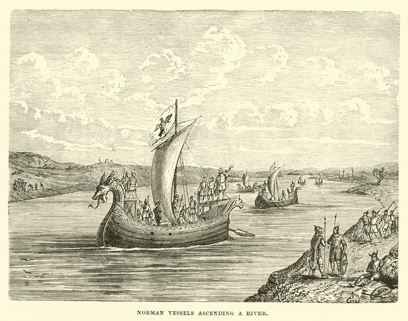 Navires normands remontant une rivière - English School