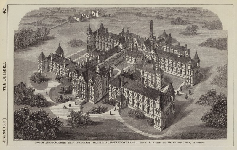 Nouvel Infirmary de North Staffordshire, Hartshill, Stoke-upon-Trent, MM. G B Nichols et Charles Lynam, Architectes (gravure) - English School