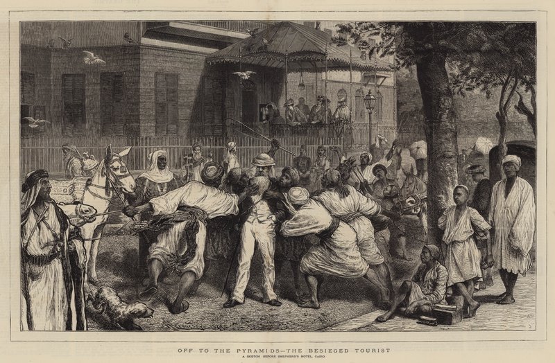 En route pour les pyramides, le touriste assiégé (gravure) - English School