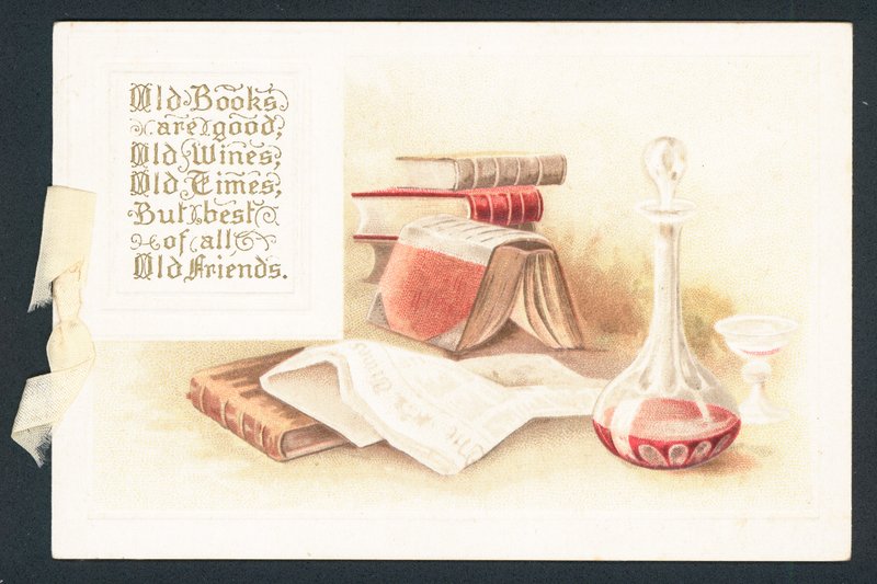 Vieux livres et carafe de vin, Carte de Noël - English School