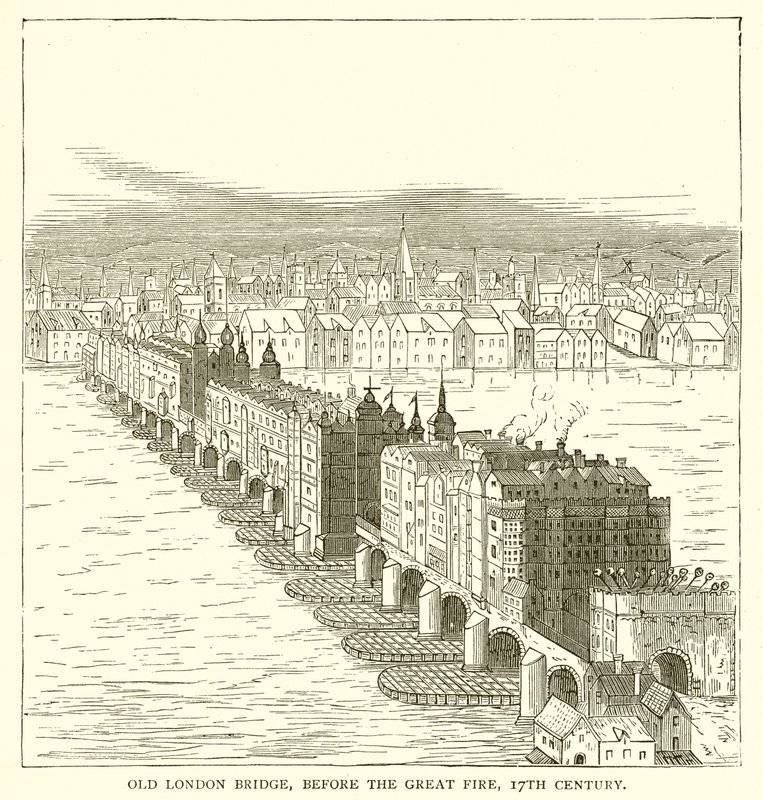Vieux Pont de Londres, avant le Grand Incendie, 17ème Siècle - English School