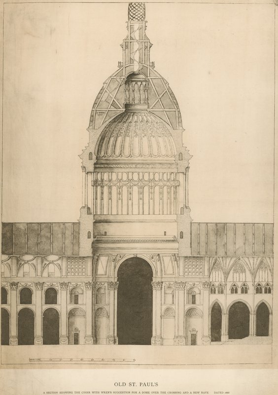 Ancienne cathédrale Saint-Paul; une section montrant le chœur avec la suggestion de dôme de Sir Christopher Wren - English School