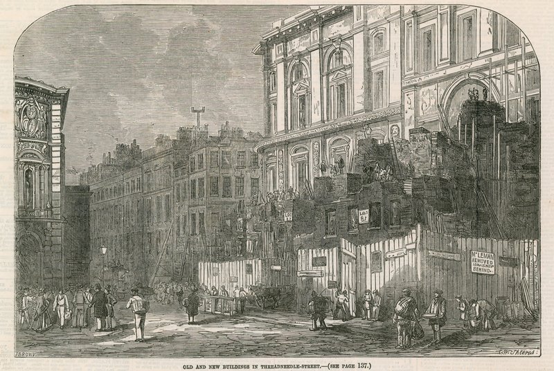 Anciens et nouveaux bâtiments dans Threadneedle Street, Londres - English School