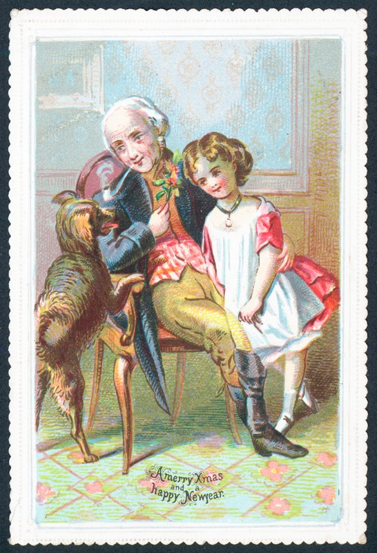 Vieux monsieur assis dans un fauteuil avec une fille et un chien - English School