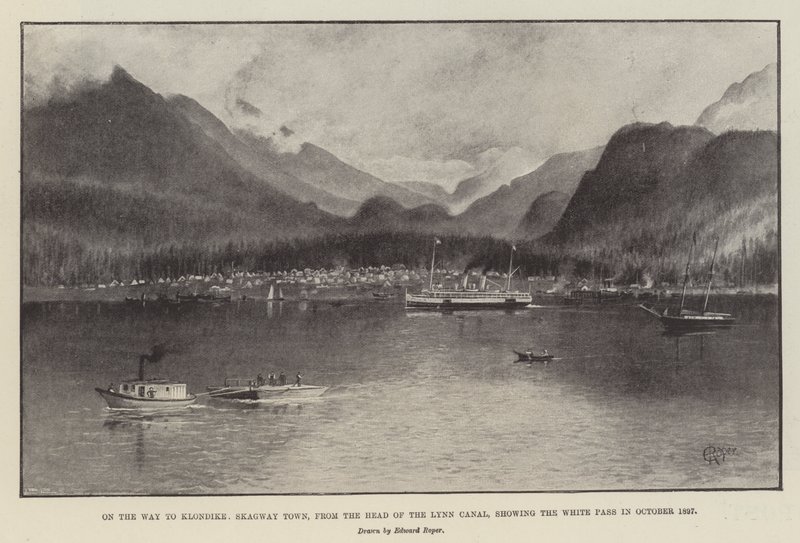 En route pour le Klondike, ville de Skagway, depuis la tête du canal Lynn, montrant le col White en octobre 1897 - English School