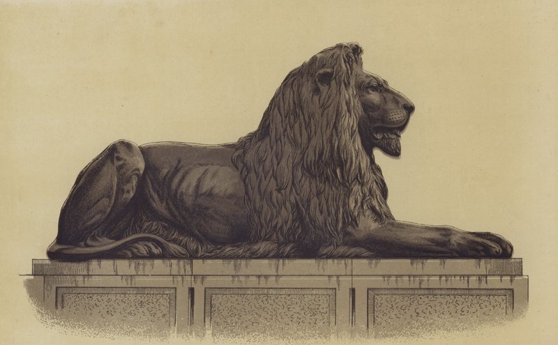 Une des statues de lion de Trafalgar Square, Londres - English School