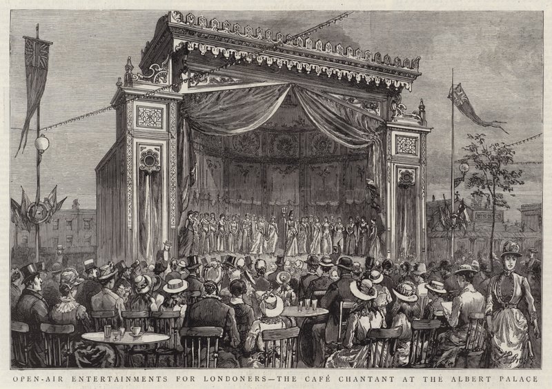 Divertissements en plein air pour les Londoniens, le Café Chantant au Palais Albert (gravure) - English School