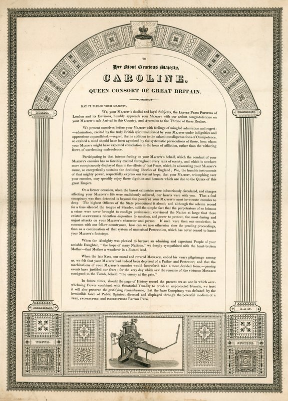 Lettre ouverte à Caroline, reine consort de Grande-Bretagne des imprimeurs de Londres - English School