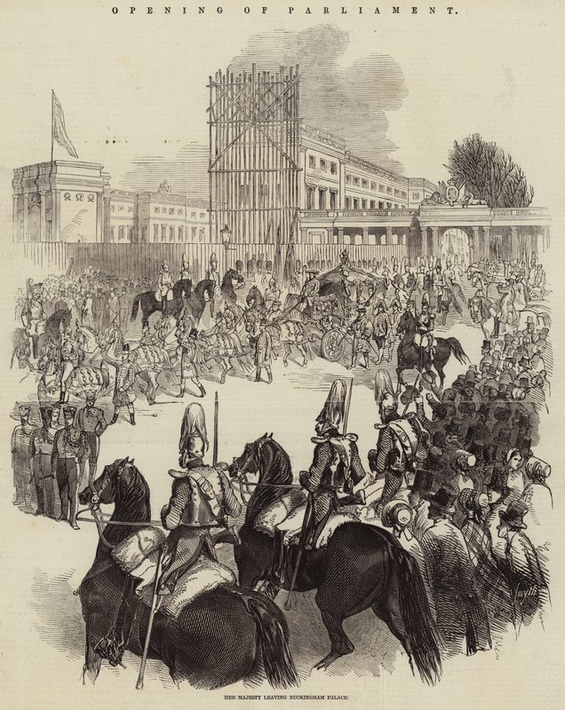 Ouverture du Parlement, Sa Majesté quittant le palais de Buckingham (gravure) - English School