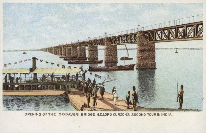 Ouverture du pont Godaveri, deuxième tournée de Lord Curzon en Inde (lithographie en couleur) - English School