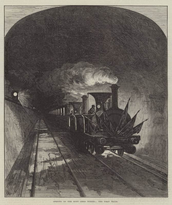 Ouverture du tunnel du Mont-Cenis, le premier train (gravure) - English School
