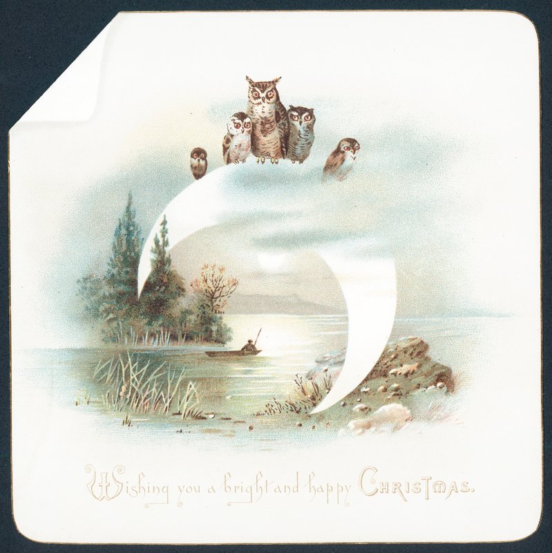 Chouettes assises sur un croissant de lune, Carte de Noël - English School