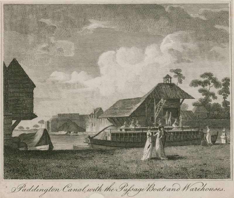 Canal de Paddington, Londres, avec le bateau de passage et les entrepôts - English School