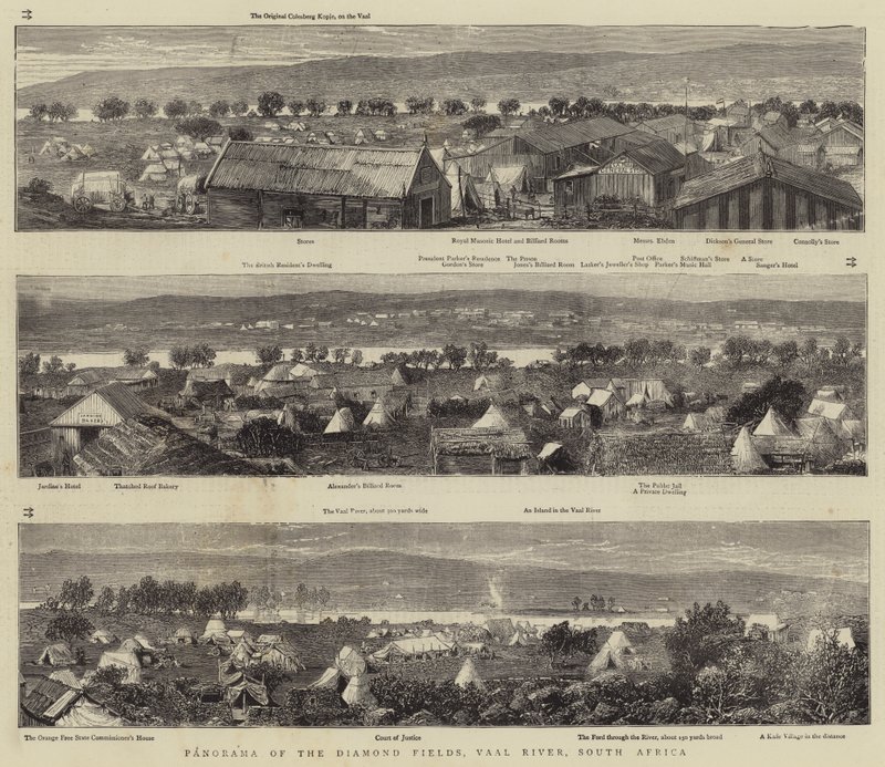Panorama des champs de diamants, rivière Vaal, Afrique du Sud (gravure) - English School