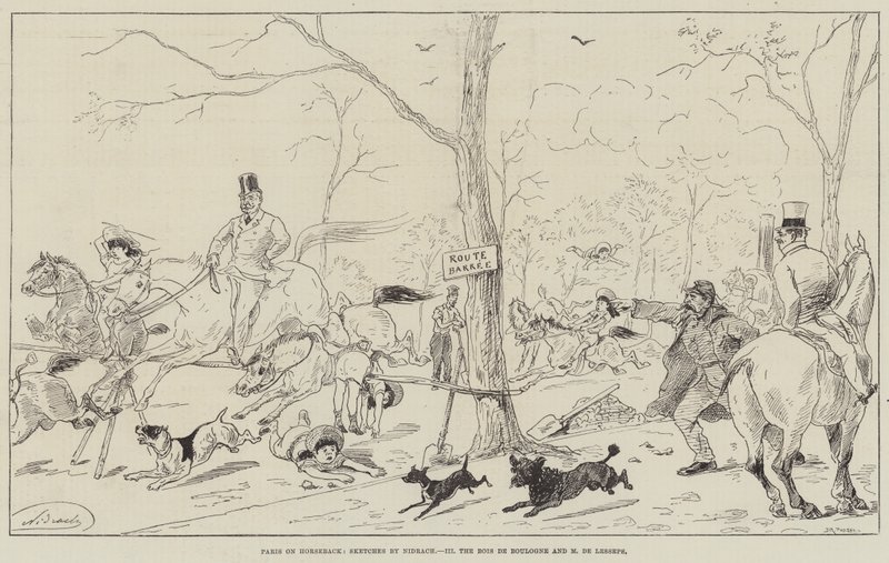 Paris à cheval, le Bois de Boulogne et M. de Lesseps (gravure) - English School