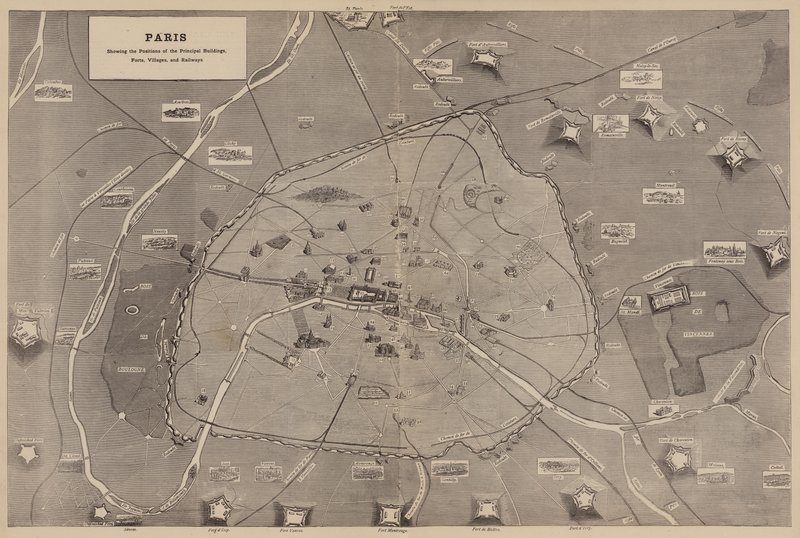Paris, montrant les positions des principaux bâtiments, forts, villages et chemins de fer - English School