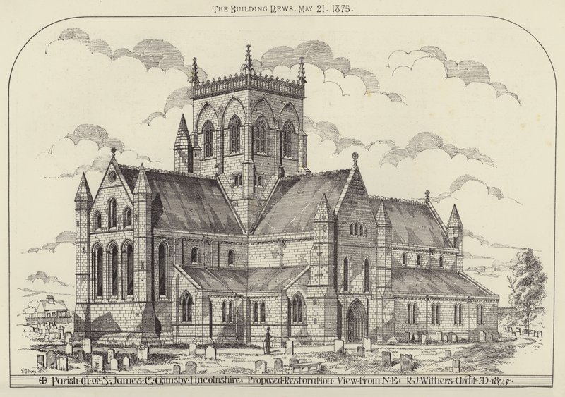 Église paroissiale de S. James, Great Grimsby, Lincolnshire, restauration proposée, vue du NE (gravure) - English School