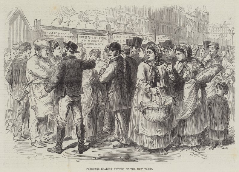 Parisiens lisant les avis des nouveaux impôts (gravure) - English School