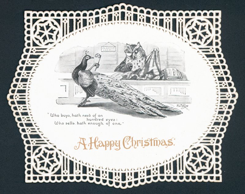 Paon et chouette dans une boutique, Carte de Noël - English School