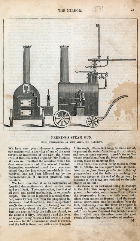 Canon à vapeur de Perkins, actuellement exposé à la galerie Adelaide - English School