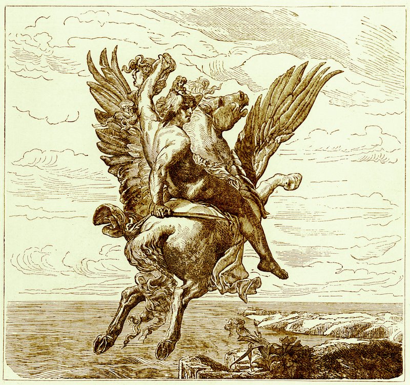 Persée sur le cheval ailé Pégase, avec la tête de Méduse, illustration de L