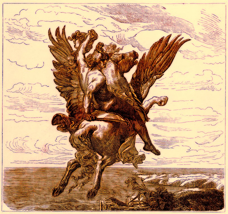 Persée sur le cheval ailé Pégase, avec la tête de Méduse, illustration de L