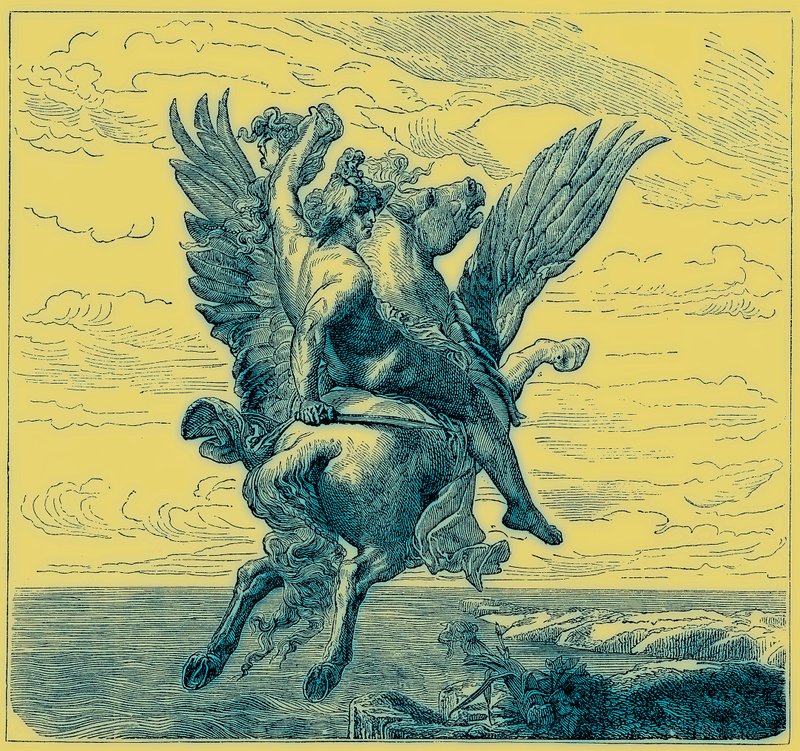 Persée sur le cheval ailé Pégase, avec la tête de Méduse, illustration de 