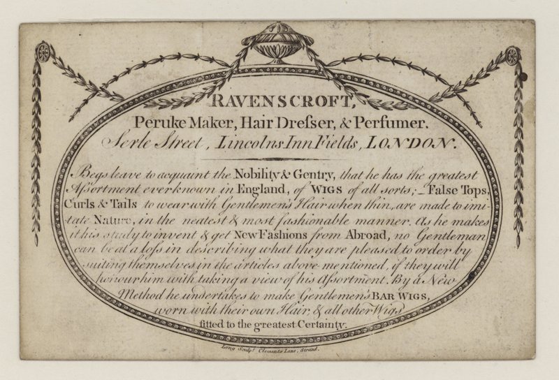 Perruquier, Ravenscroft, carte de visite - English School