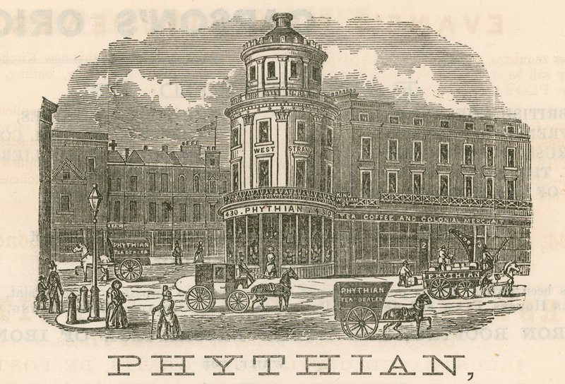Phythian, grossiste et détaillant de thé et entrepôt étranger, 430 West Strand et 1-3 King William Street, Londres - English School
