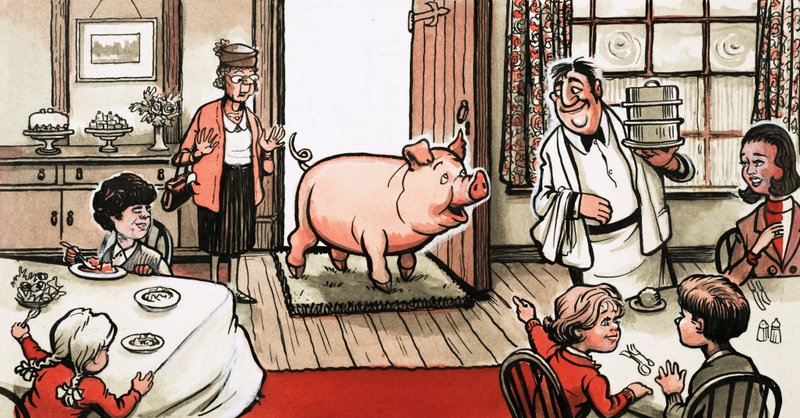 Cochon entrant dans un restaurant - English School
