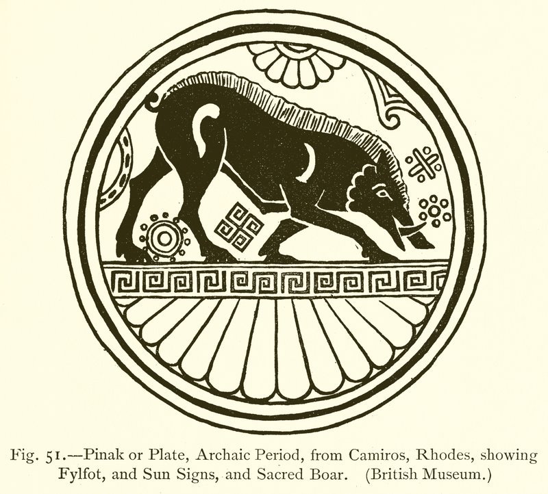 Pinak ou plat, période archaïque, de Camiros, Rhodes, montrant Fylfot, signes du soleil et sanglier sacré - English School