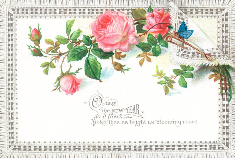 Roses roses et papillon bleu, Carte de Nouvel An - English School
