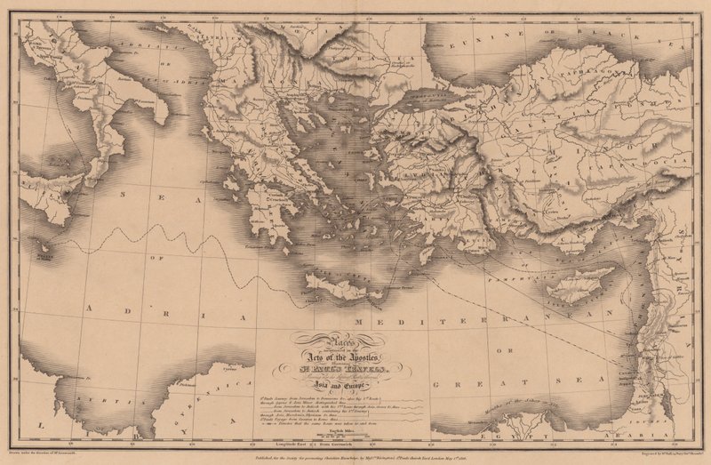 Lieux mentionnés dans les Actes des Apôtres, illustrant les voyages de Saint Paul, montrant aussi son... (gravure) - English School