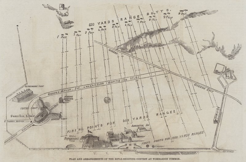 Plan et dispositions du concours de tir à la carabine à Wimbledon Common - English School