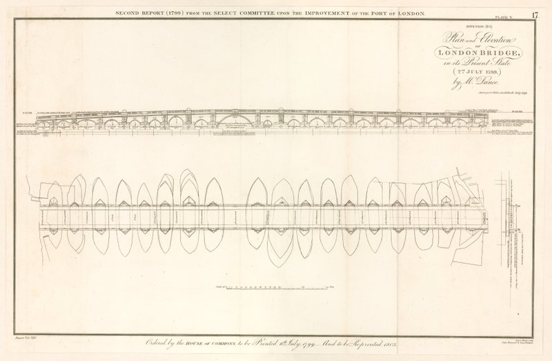 Plan et élévation du pont de Londres au 2 juillet 1799 - English School