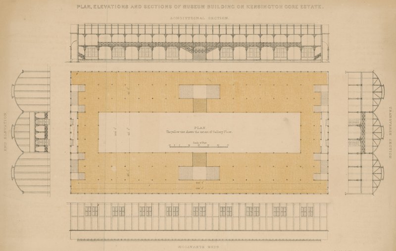 Plan, élévations et sections du bâtiment du musée sur le domaine de Kensington Gore - English School