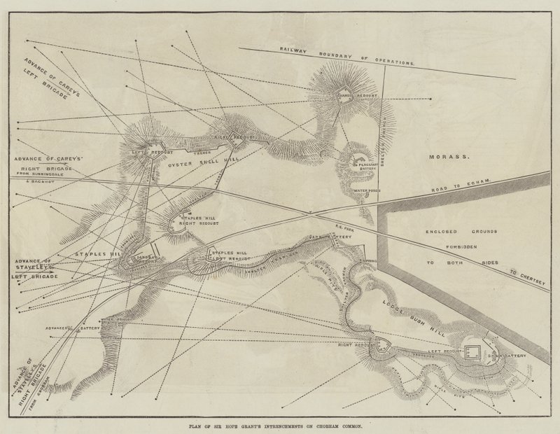 Plan des retranchements de Sir Hope Grant sur Chobham Common (gravure) - English School