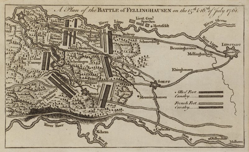 Plan de la bataille de Villinghausen, Allemagne, guerre de Sept Ans, 15-16 juillet 1761 - English School